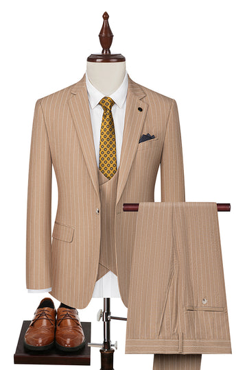 Beige Striped 3 Piece Notched Lapel Men's Suits